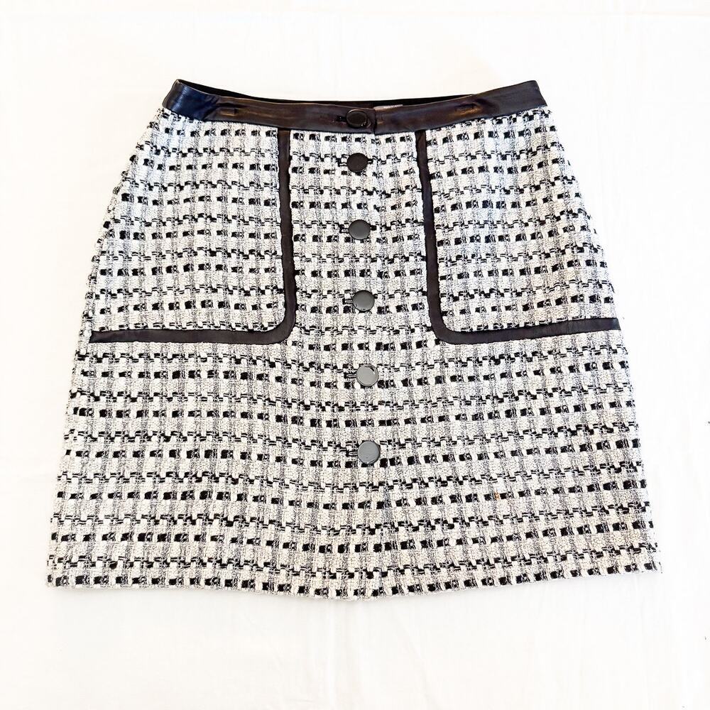 Karl Lagerfeld Classic Tweed Woven Leather Boucle Banded A Line Skirt Size 10